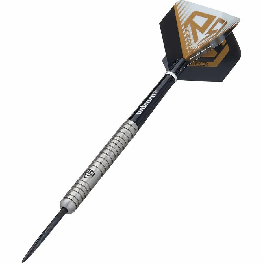 Angled view of 90% tungsten dart with precision ring grip barrel, black point, and gold flight on white background