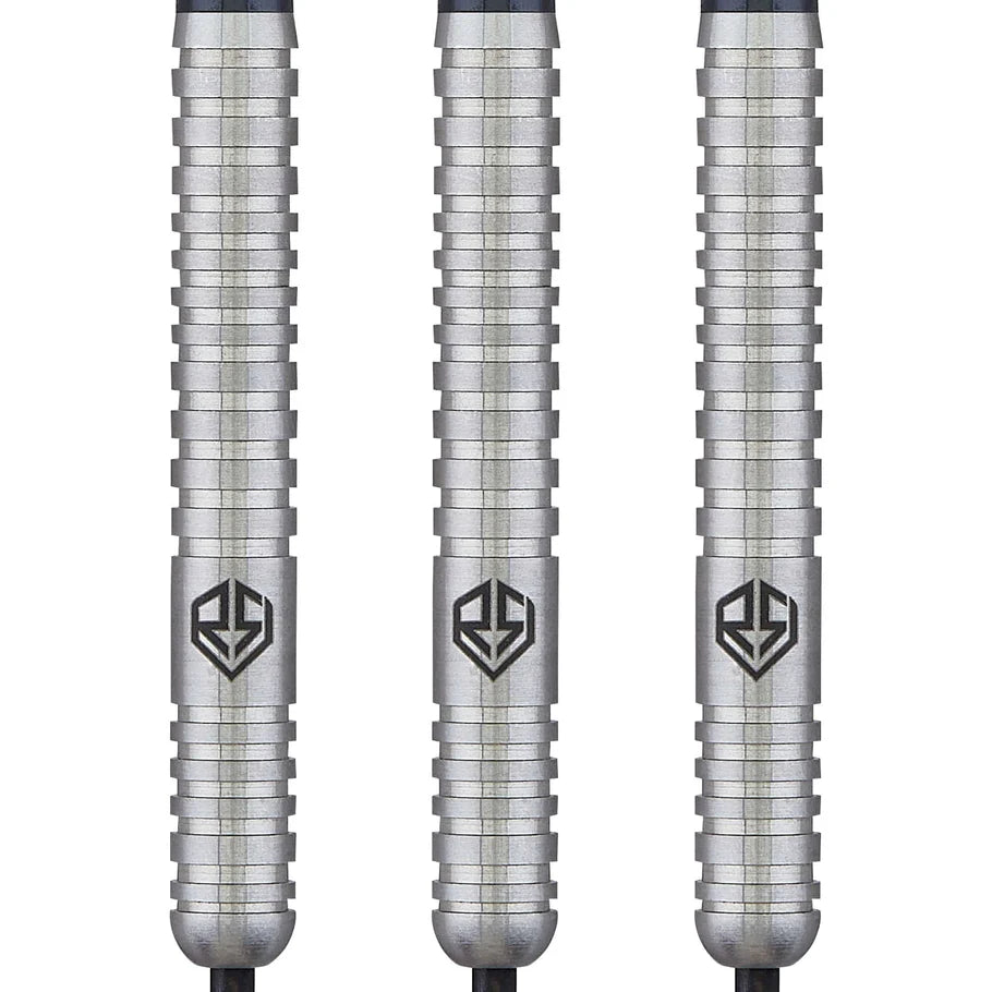 Close-up of three 90% tungsten dart barrels with precision ringed grip and engraved logo, isolated on white for dart players