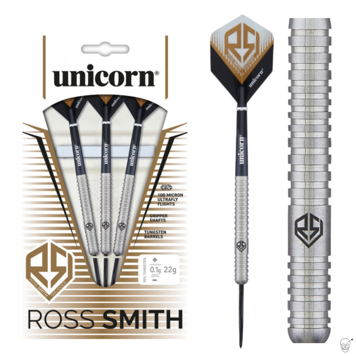 90% tungsten darts set in retail packaging with close-up of grooved barrel grip and logo, professional steel tip dart equipment