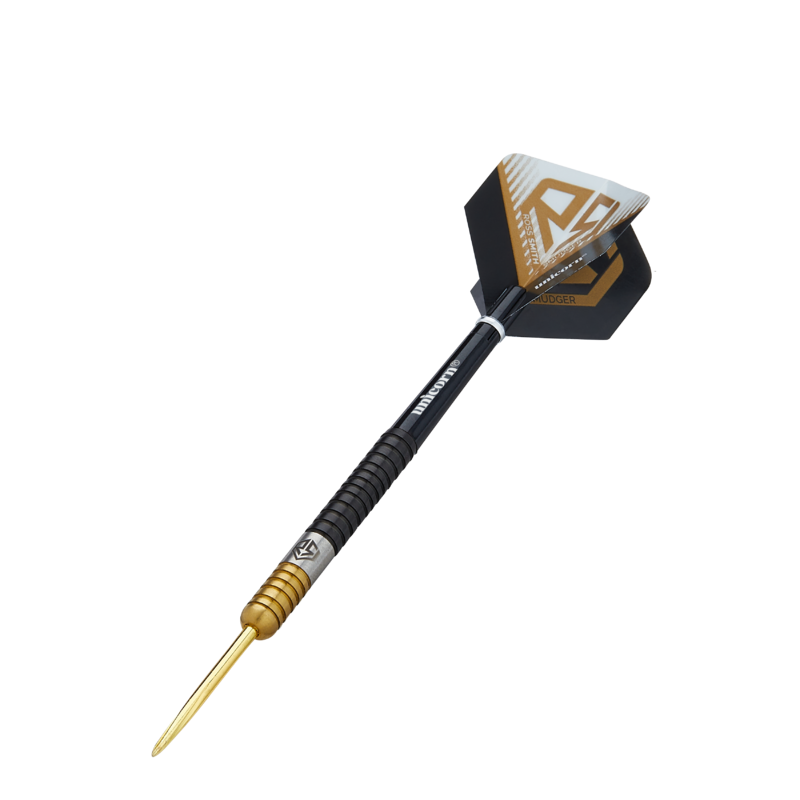 Angled view of Ross Smith two tone tungsten dart with black and gold barrel, precision ringed grip, and geometric gold-black flight on white background