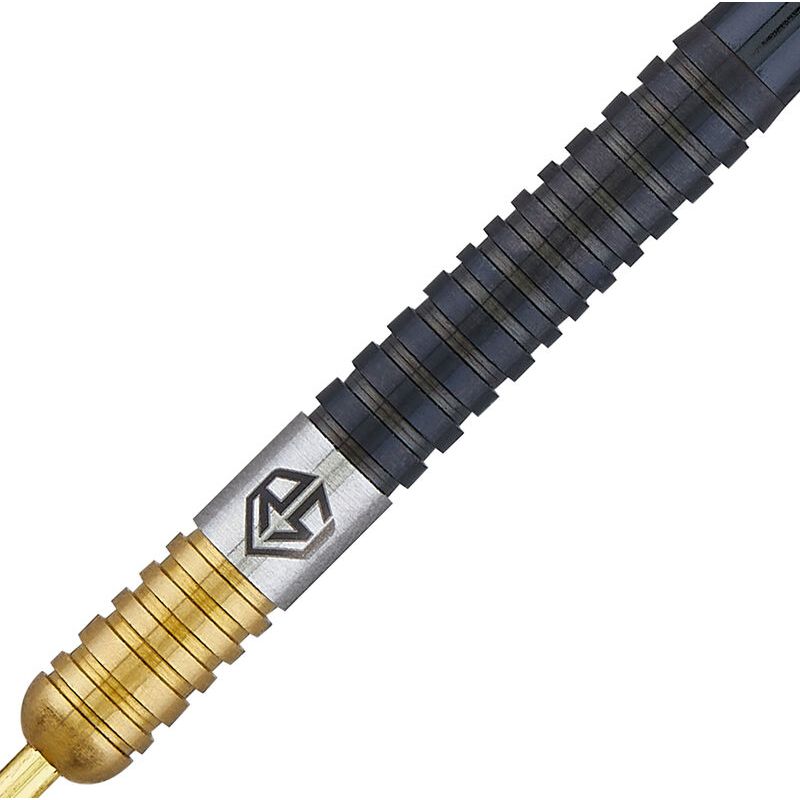 Close-up of two tone tungsten dart barrel with black and gold PVD grip texture and engraved logo, isolated on white background
