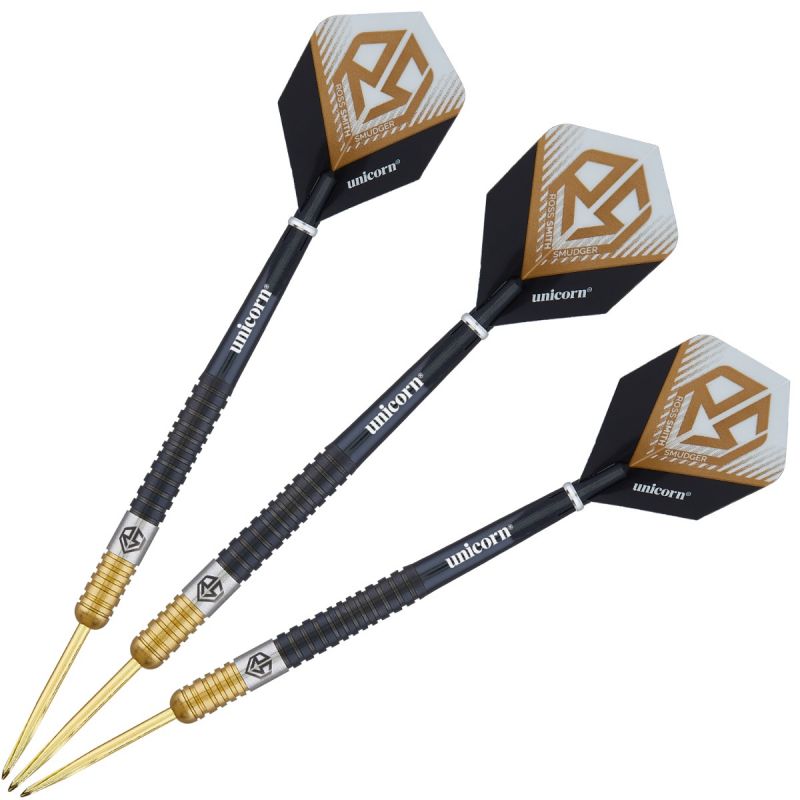 Three two-tone black and gold 90% tungsten darts arranged side by side, highlighting grooved grip, gold tips, and custom flights on white background