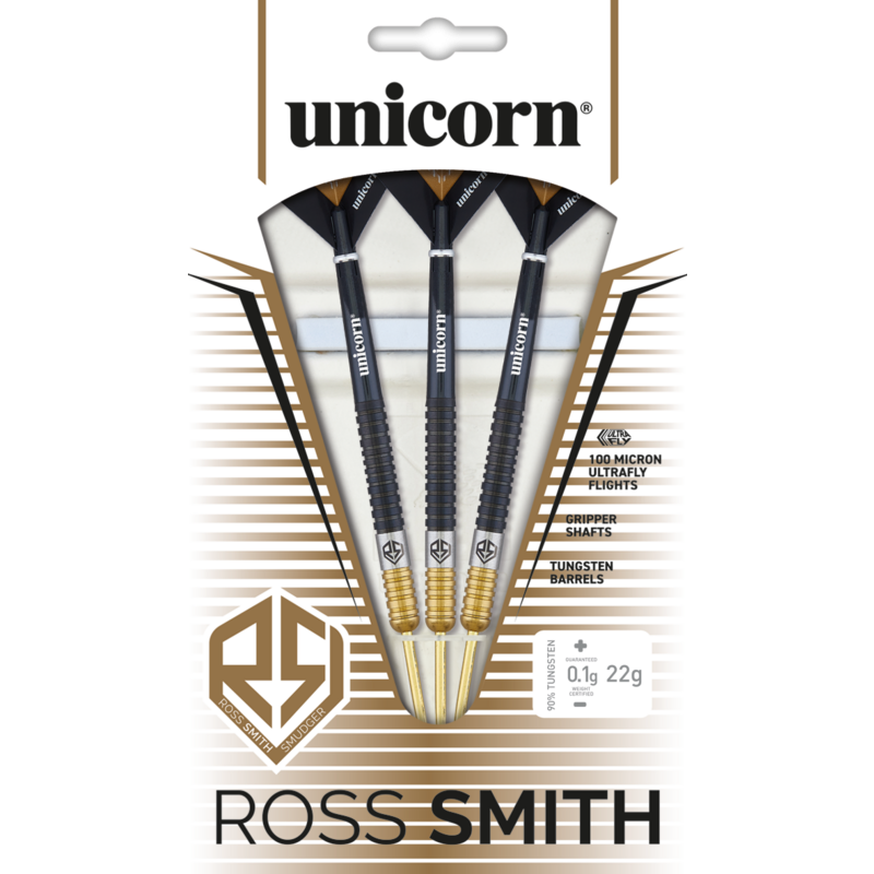 Three Ross Smith two-tone 90% tungsten darts in retail packaging, full view with black and gold barrels, gripper shafts, ultrafly flights.