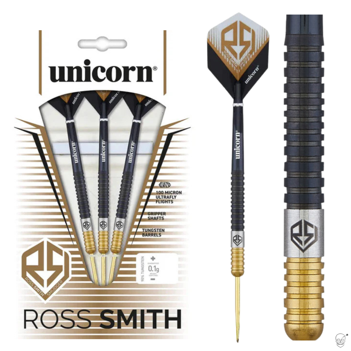 Three two-tone tungsten darts in retail packaging with close-up showing black and gold PVD barrel grip and custom flight design