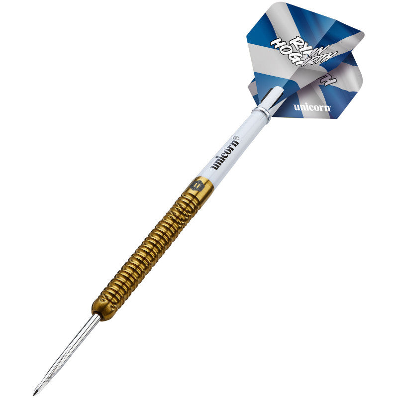 Angled full view of 95% tungsten dart with gold ringed barrel grip, sharp steel tip, white shaft, and Scottish flag themed flight