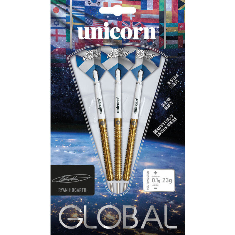 95% tungsten darts set in retail packaging with textured gold barrels, signature flights, and weight details, ideal for darts buyers