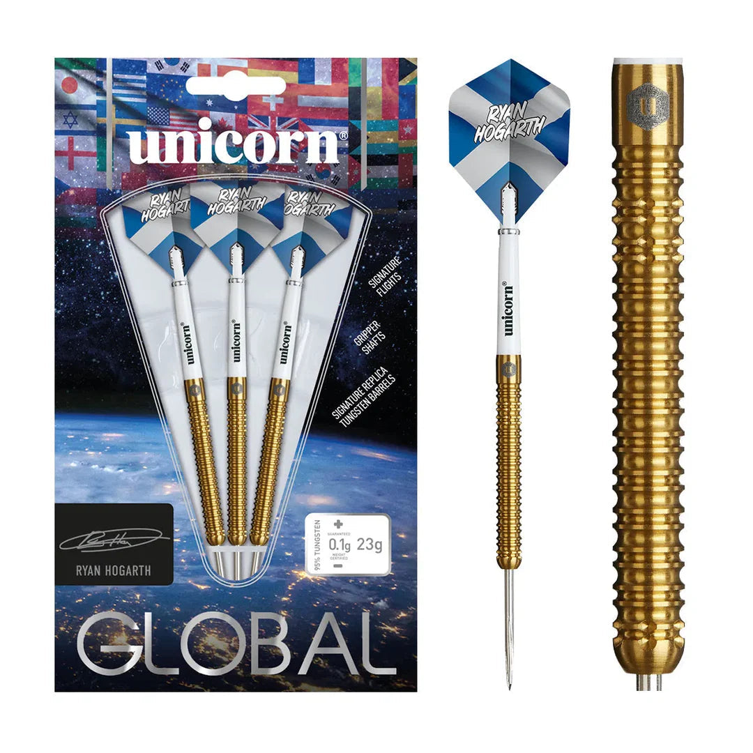 Three Ryan Hogarth 95% tungsten darts in packaging with detailed close-up highlighting gold grip barrel and signature flights