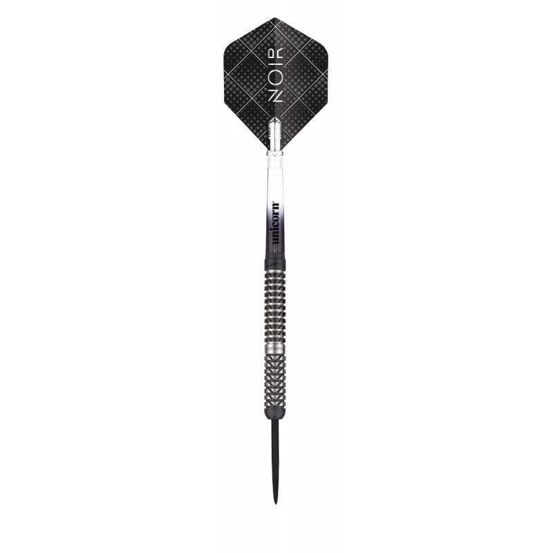 Full view tungsten dart with black grip barrel, steel tip, and Noir patterned flight isolated on white background