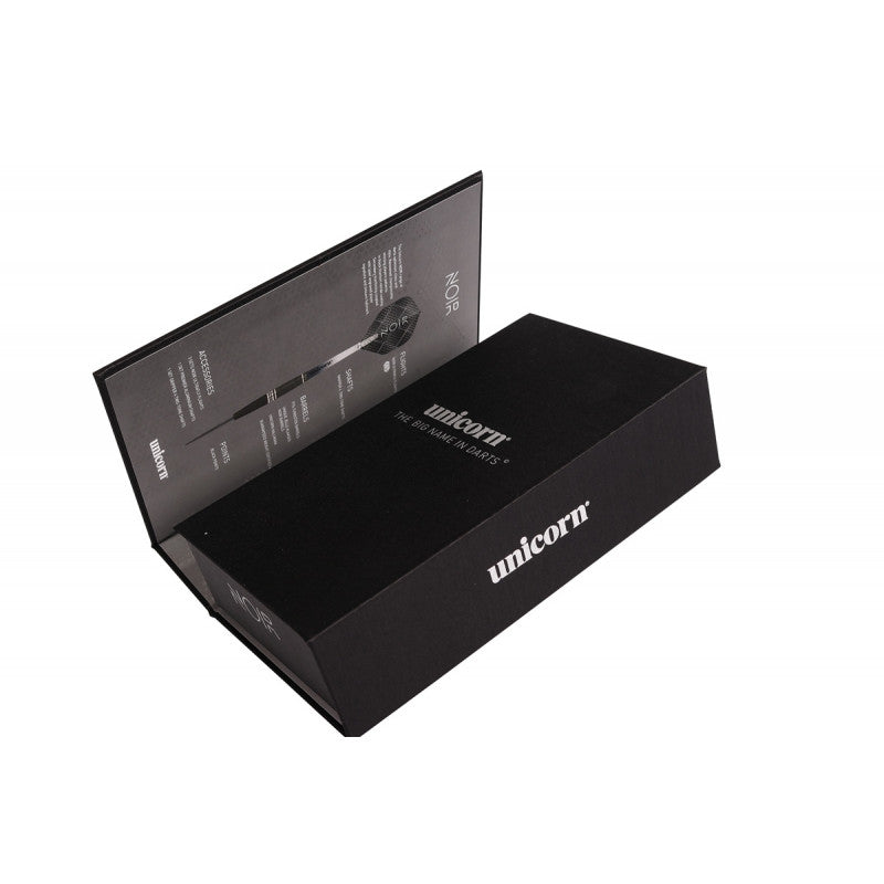 angled shot of Seigo Asada Noir 90% tungsten darts in opened display box with product info on inner lid, premium darts packaging on white background