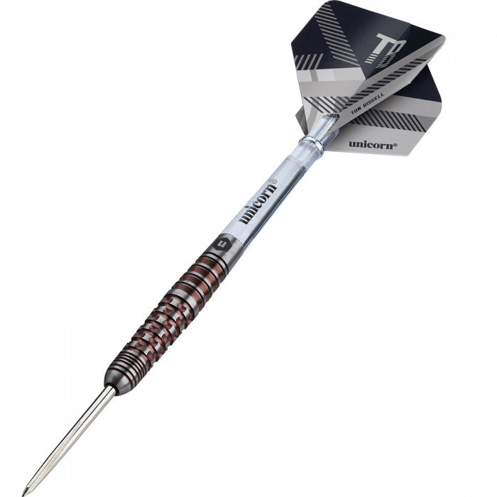 Angled view of 95% tungsten dart with precision grip barrel and geometric black flight, isolated on white background