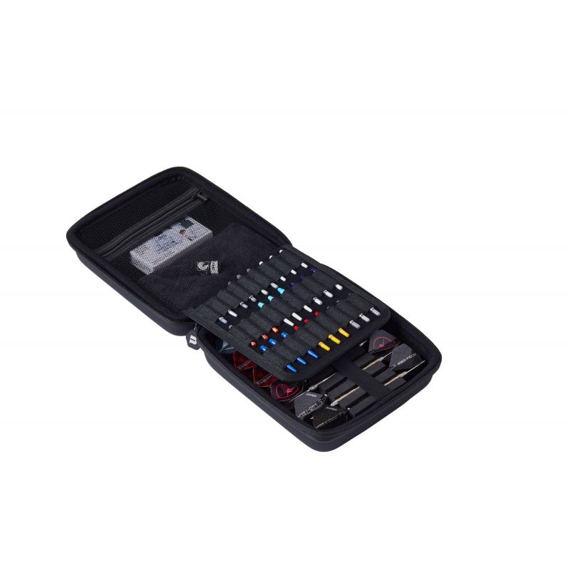 Open dart case top-down view showing multiple dart shafts, flights, and accessories organized in interior pockets on white background