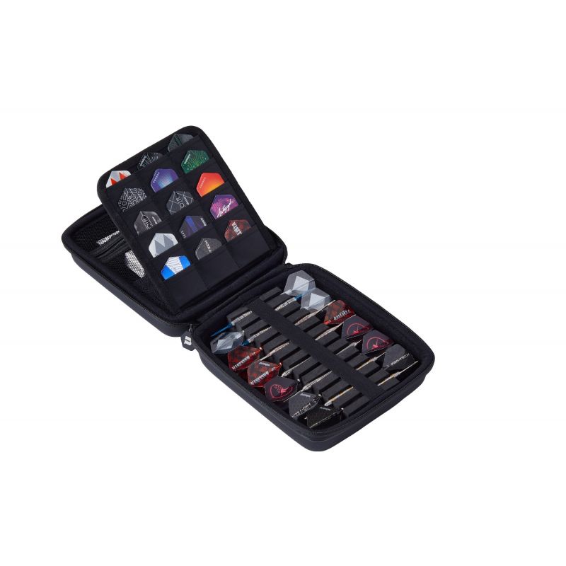 Angled view of large black dart case open to reveal organized slots holding multiple darts and dart flights for secure storage