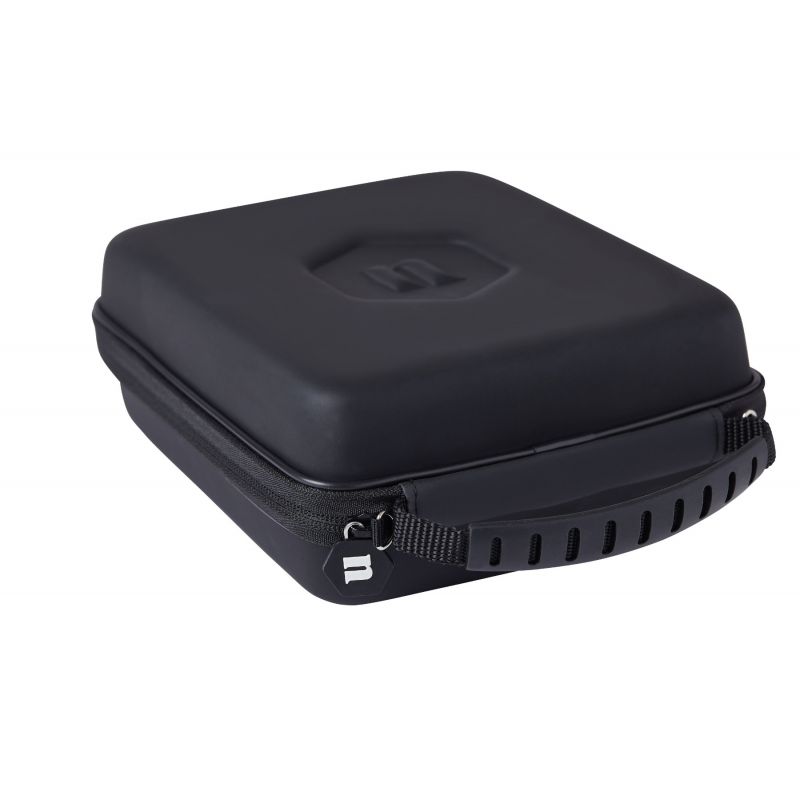 Angled view of large black dart case with zip closure and textured carry handle, isolated on white background