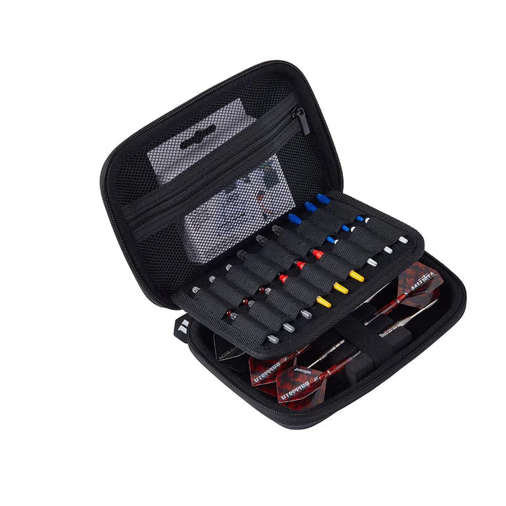 Angled view of open darts case displaying multiple darts, color-coded tips, mesh accessory pockets, and secure dart storage compartments