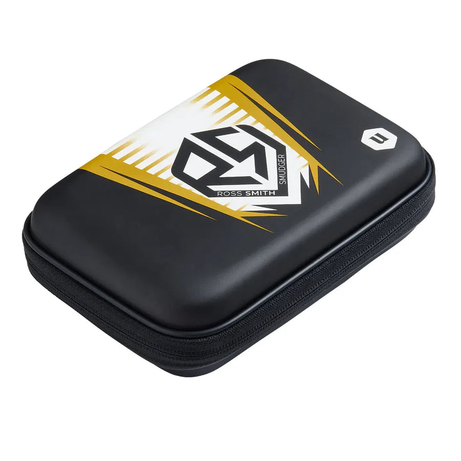 Medium darts case with gold and white design, hard shell exterior, zipper closure, angled view on white background