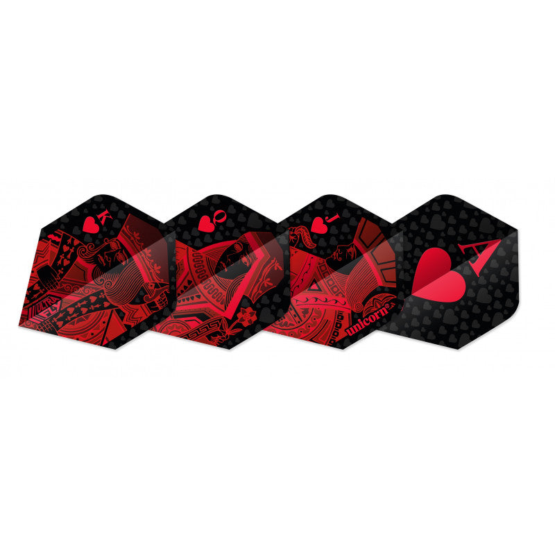 Set of three red Ultrafly .100 dart flights with royal flush playing card graphics, full product view on white background
