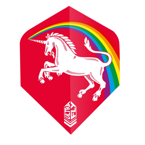 Red dart flight with bold unicorn and rainbow graphic, Ultrafly logo, single flight isolated on white background
