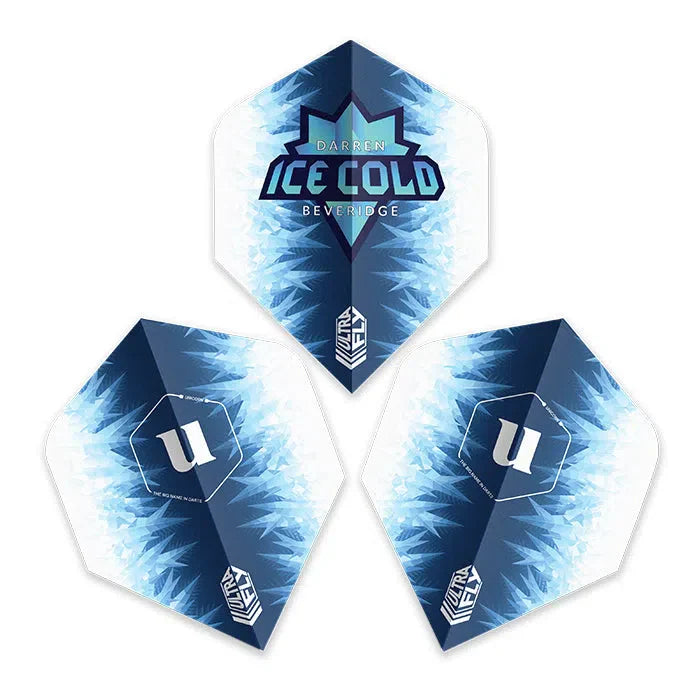 Three Ultrafly Darren Beveridge dart flights arranged on white background, showing ice blue pattern and signature player graphics.
