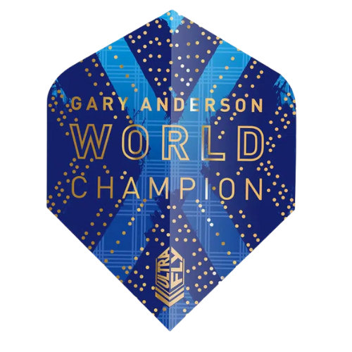 Full view dart flight with blue and gold Gary Anderson World Champion design, Ultrafly shape, isolated on white background