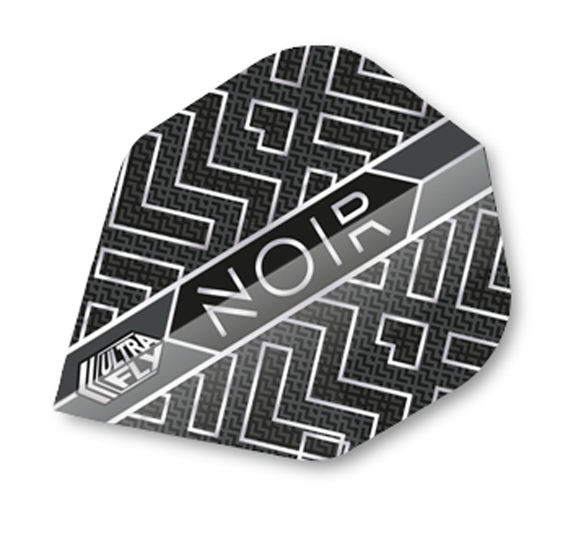 Close-up of Ultrafly Noir abstract big wing dart flight with black geometric pattern and silver NOIR branding, isolated on white