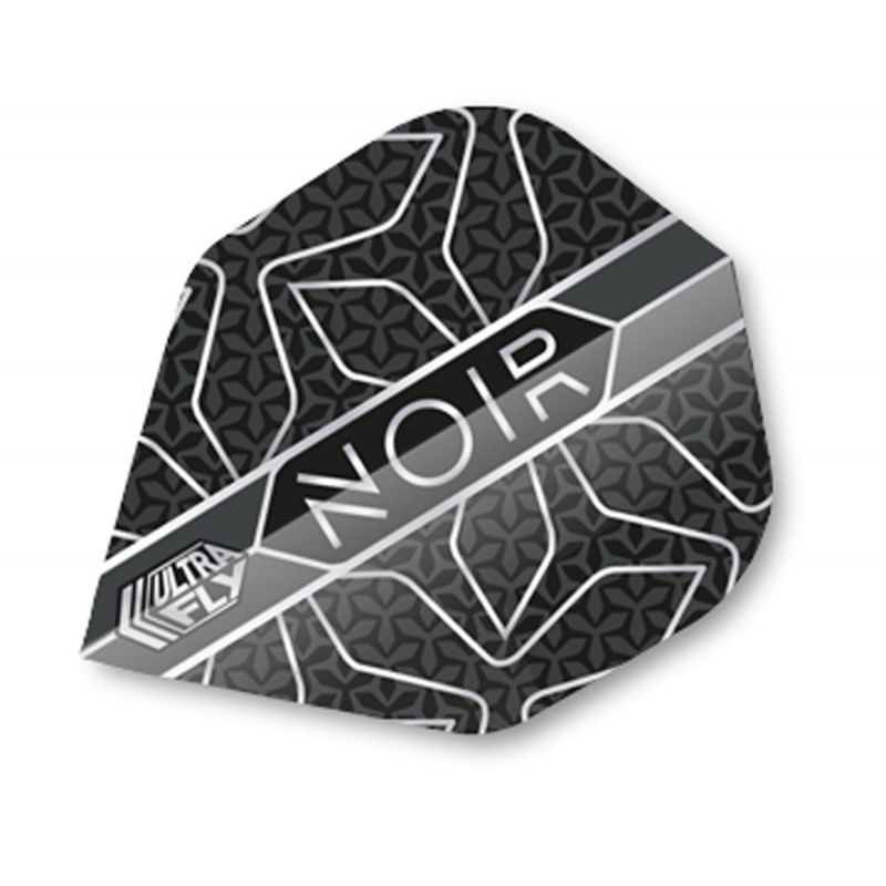 Close-up of single big wing dart flight with Noir Star geometric design, UltraFly logo, isolated on white background