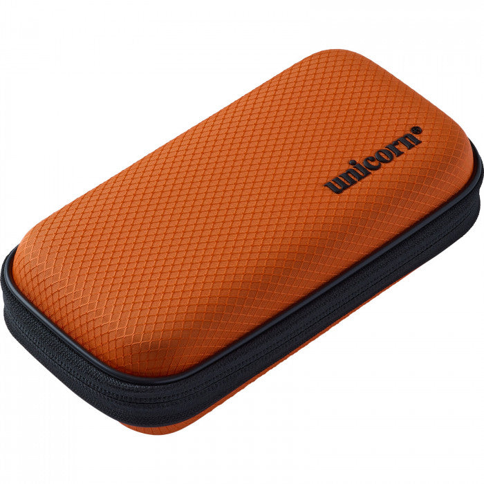 Angled view of orange darts case with textured grip surface and zip closure, ideal for dart storage and protection
