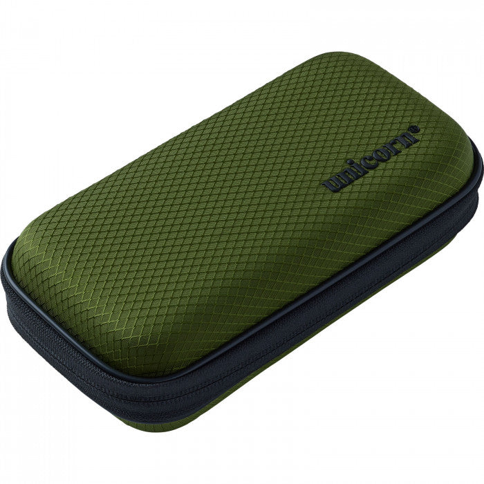 Angled view of small green dart case with textured hard shell and zipper, ideal for protecting darts and accessories