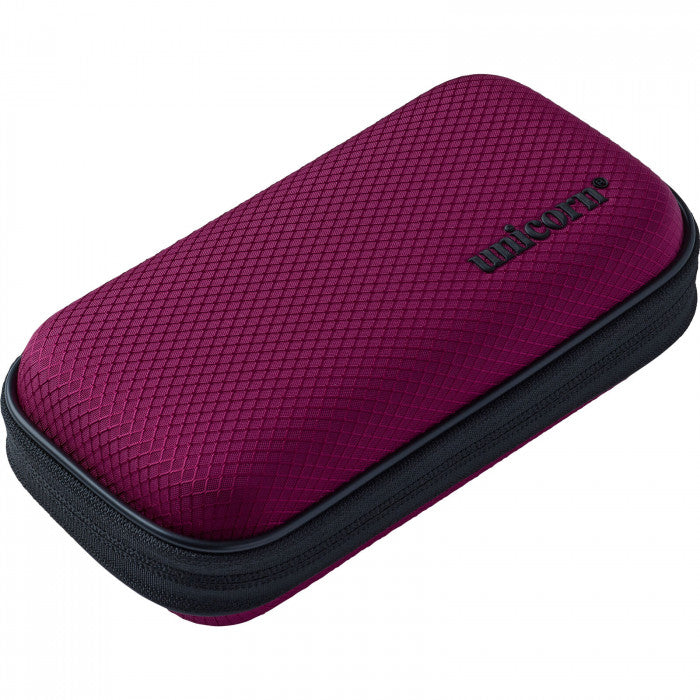Purple small darts case with textured hard shell, angled view, zipper closure, ideal for dart storage and protection
