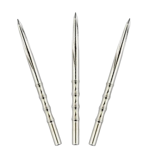 Three steel dart points with scalloped grips and CNC helix design arranged on white background for dart replacement