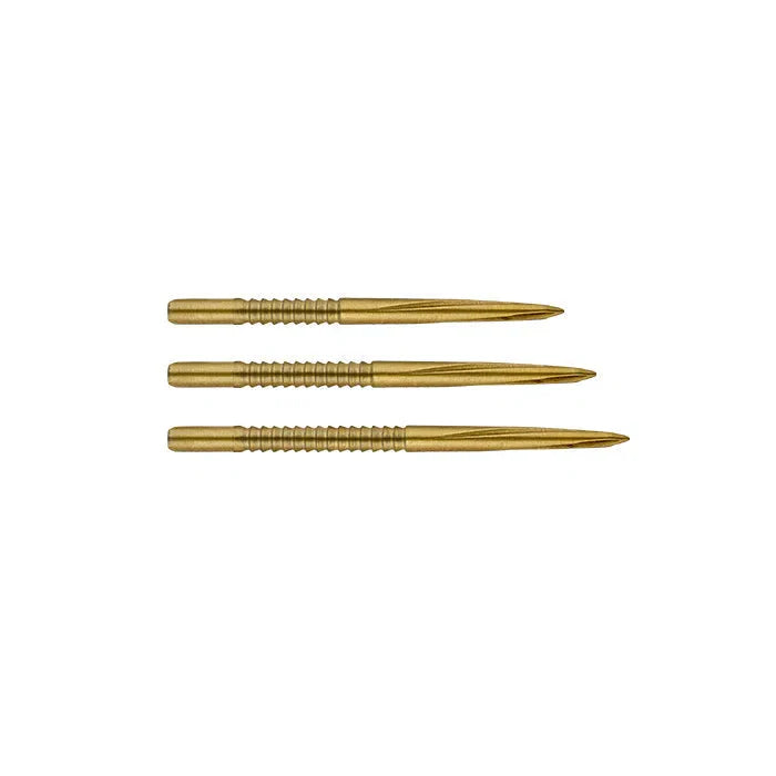 Three gold dart points with shark fin CNC helix grip, full view isolated on white, ideal for steel tip dart customization.