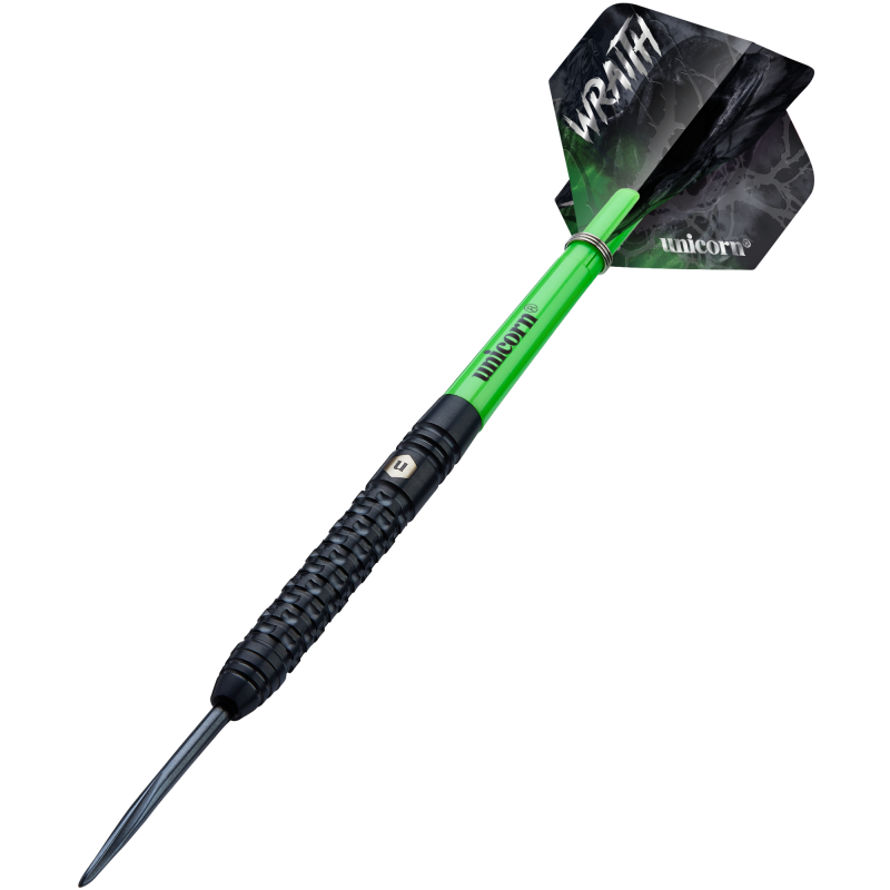 Angled full view of 90% tungsten dart with textured black barrel, green shaft, and Wraith flight, isolated on white background