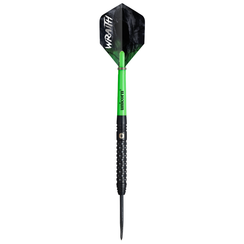 Straight-on full view of a 90 percent tungsten dart with black textured barrel, green shaft, and black WRAITH flight, isolated on white.