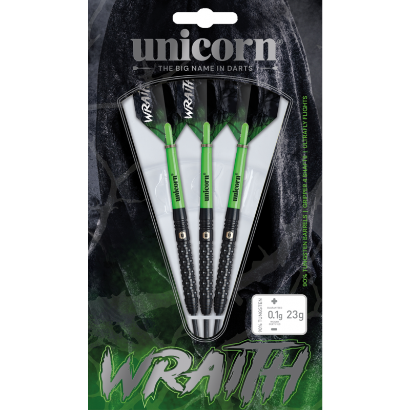 Packaged set of three 90% tungsten darts with black grip barrels, green shafts, and branded flights, display packaging with weight label
