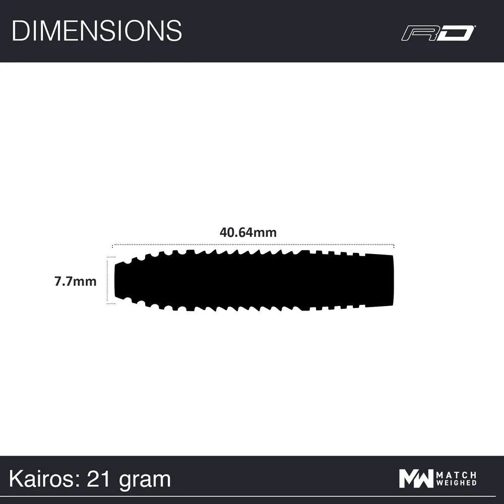 Dart barrel dimensions diagram showing 40.64mm length and 7.7mm diameter, top-down silhouette on white background