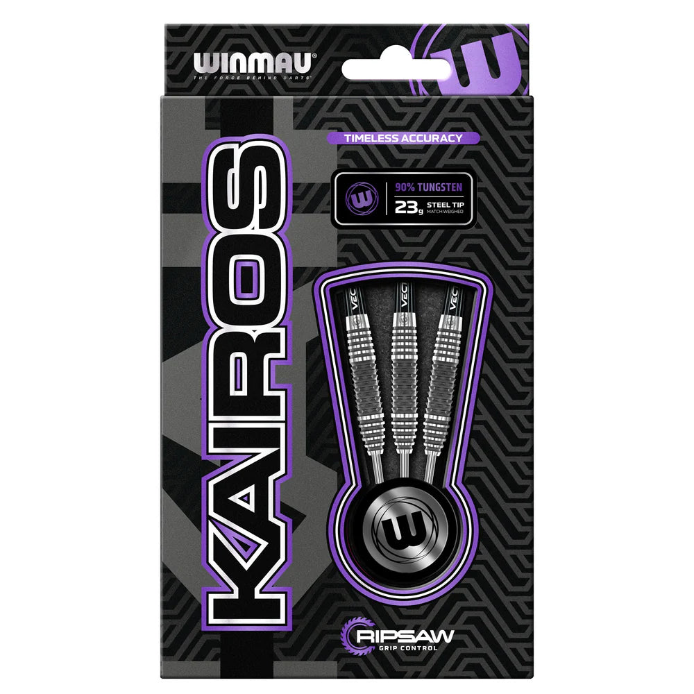 Three 90% tungsten steel tip darts in retail packaging, showcasing ripsaw grip barrels and weight details for dart players