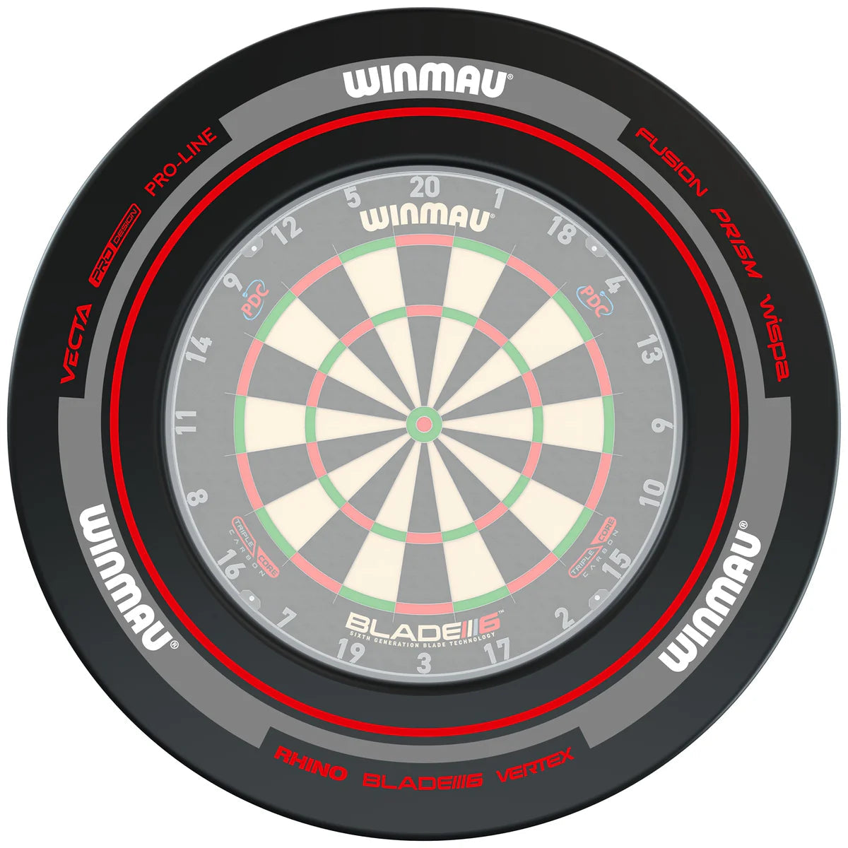 Top-down view of black and red dartboard surround fitted on dartboard, highlighting protector ring design for dart safety