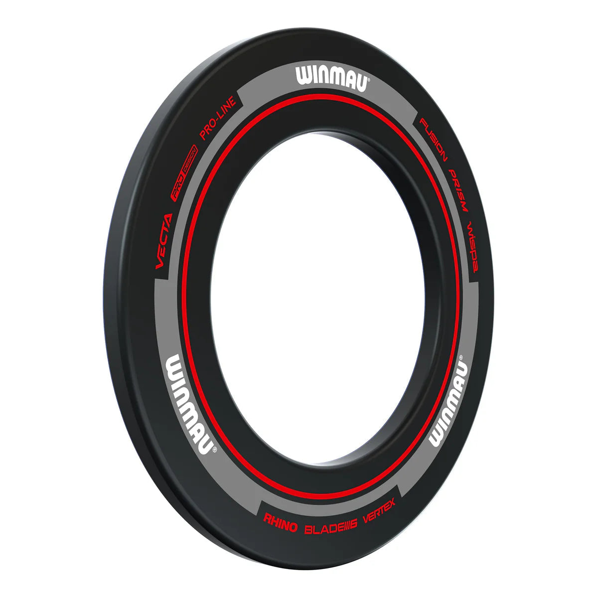 Angled dartboard surround ring in black and red, isolated on white, highlighting protective edge and text for dart setup