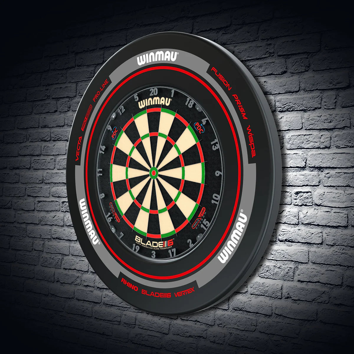 Black and red dartboard surround with full dartboard shown at an angled wall-mounted view, ideal for protecting walls in dart setups