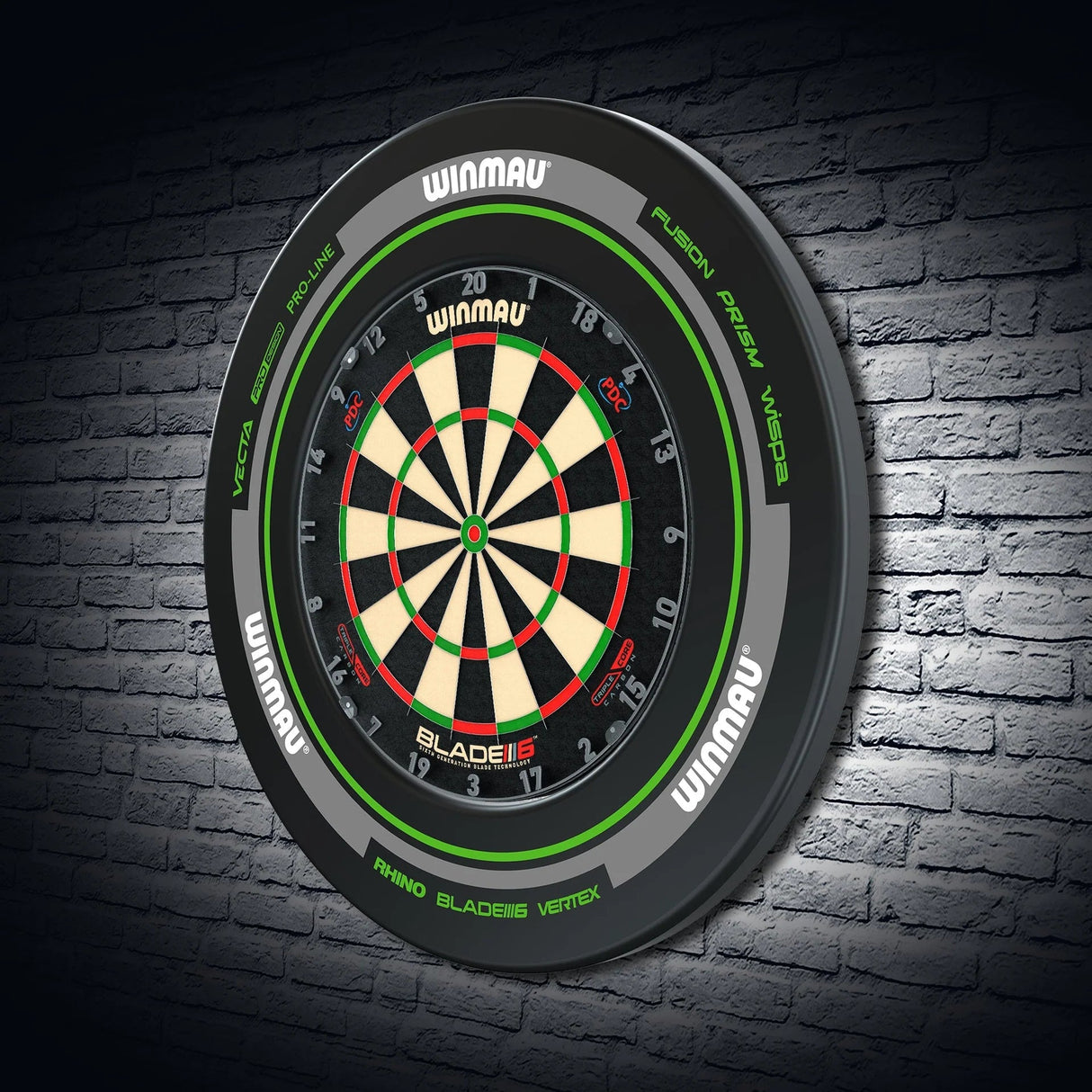 Angled view of green and black dartboard surround on brick wall, showcasing fit around bristle dartboard for home or club use