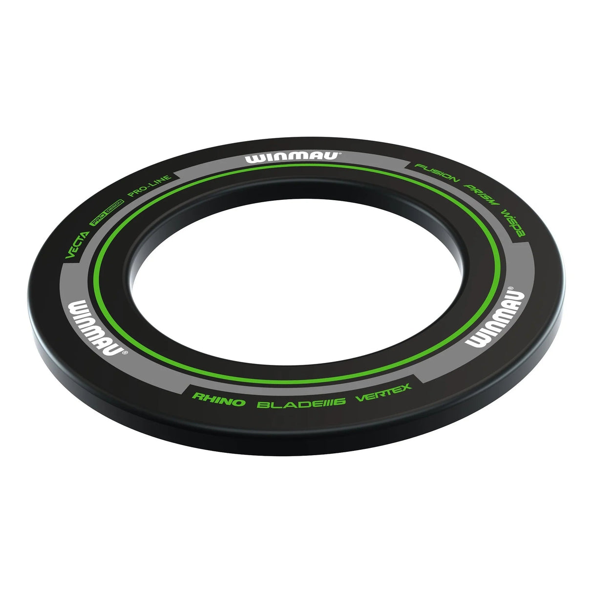 Angled view of green and black dartboard surround ring, isolated on white, showing protective foam edge for dartboard setup