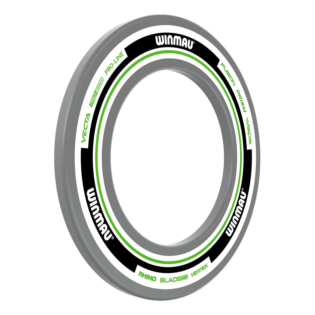 Angled view of dartboard surround ring, white and green design, isolated on white for dartboard protection