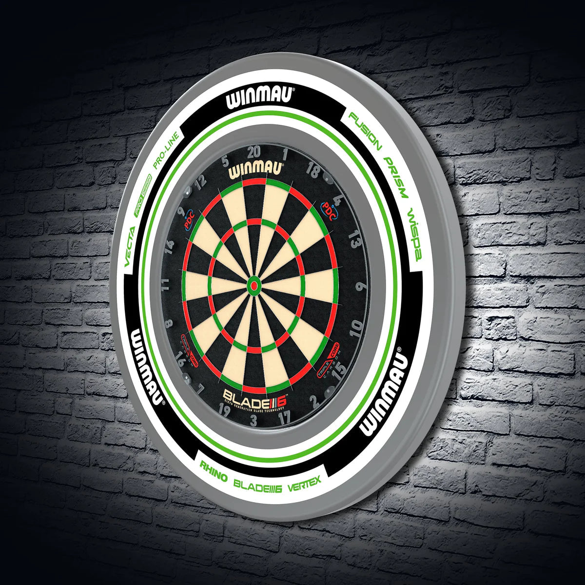 White and green dartboard surround displayed on mounted dartboard against brick wall, angled view ideal for home or club dart setup