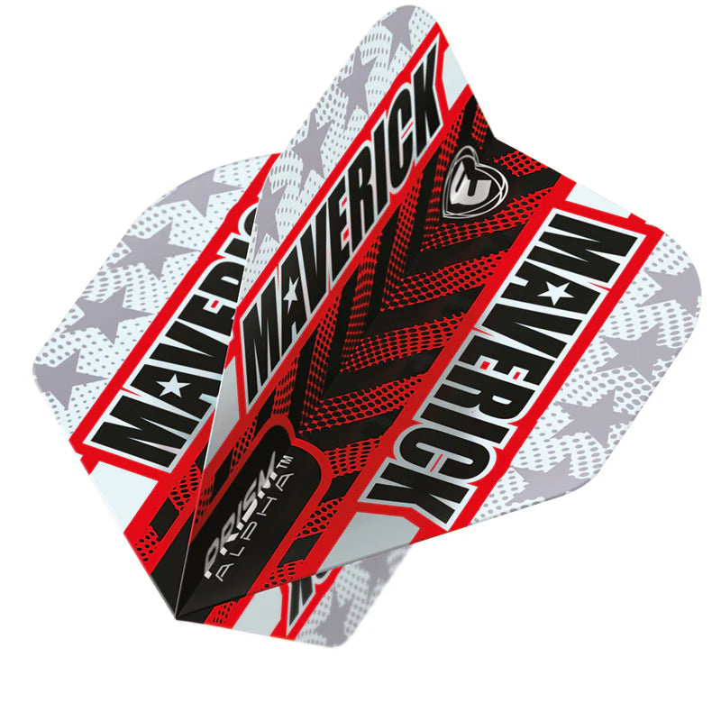 Angled close-up of three No.2 dart flights with bold grey and red MAVERICK graphics, showcasing durable 100 micron flight material.