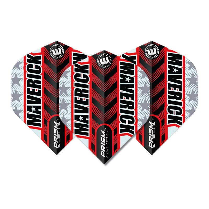 Set of three grey and red No.2 dart flights with MAVERICK text and chevron design, displayed flat on white background.