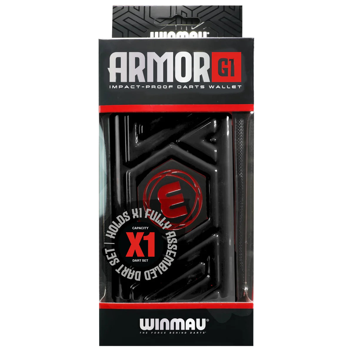 Full view of Armor G1 black darts case in packaging, impact-proof wallet holds one assembled dart set, clear protective cover.