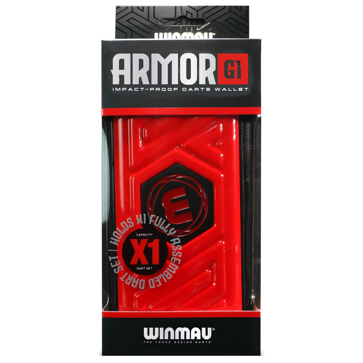 Red Armor G1 darts case in packaging, full view showing impact-proof wallet design and single dart set capacity, ideal for dart storage