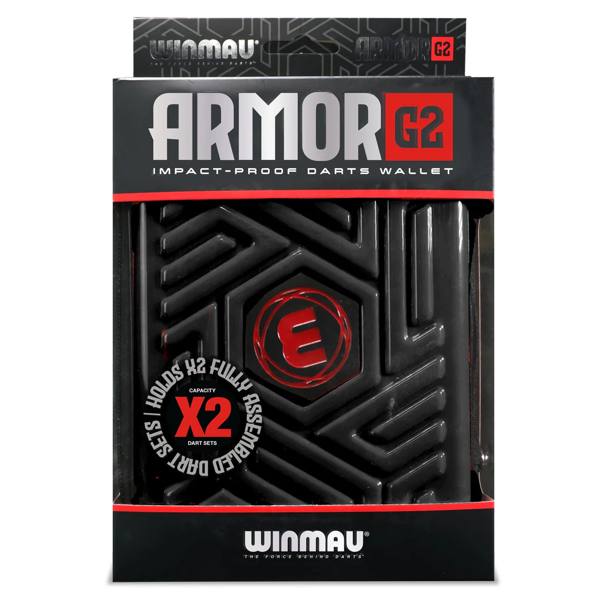 Black Armor G2 darts case in packaging, front view showing geometric exterior and text for 2 set dart capacity, impact-proof wallet