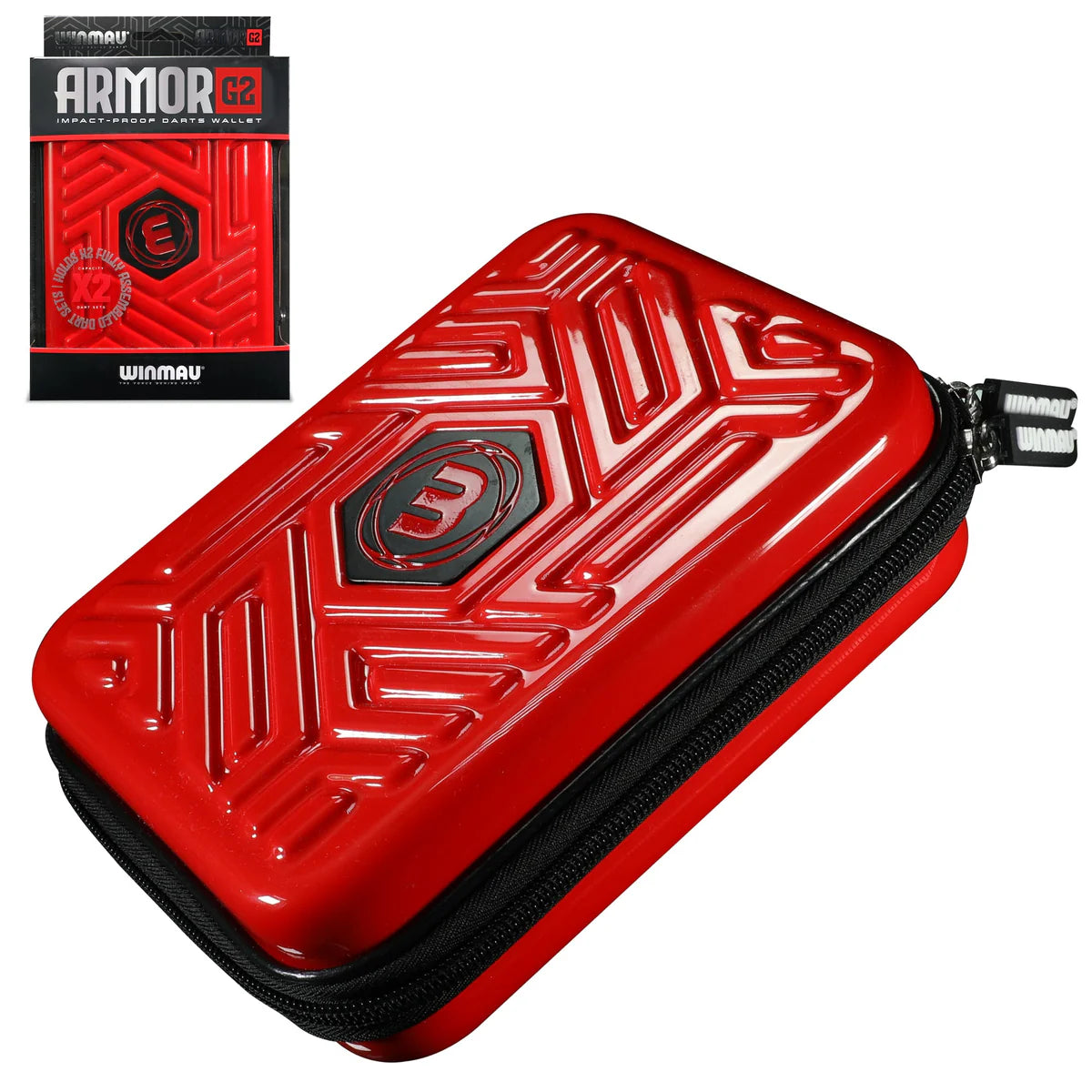 Angled view red darts case with geometric textured hard shell, visible zipper, and packaging for dart storage and protection
