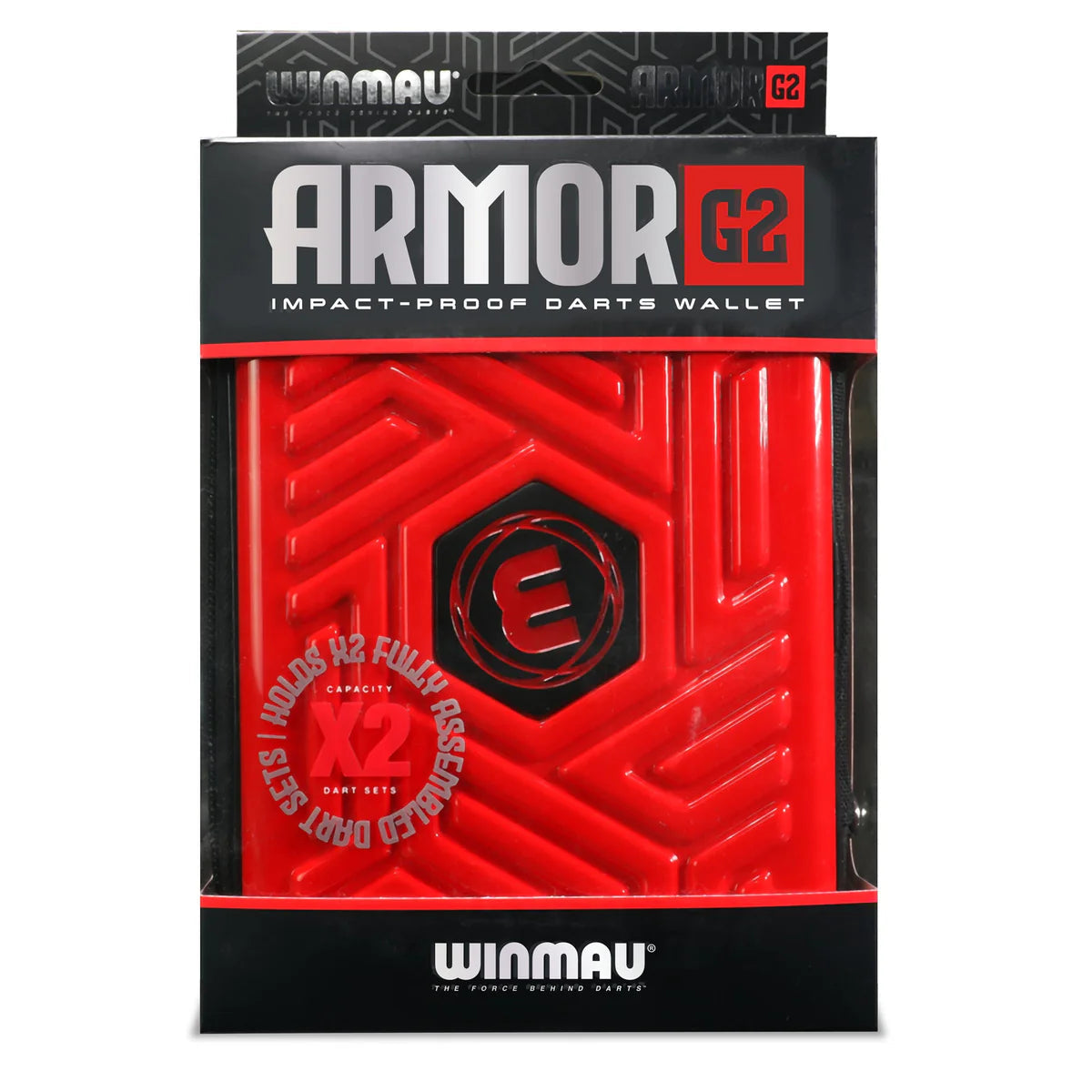 Red Armor G2 darts case in retail packaging, impact-proof hard shell, holds two dart sets, hexagonal texture design