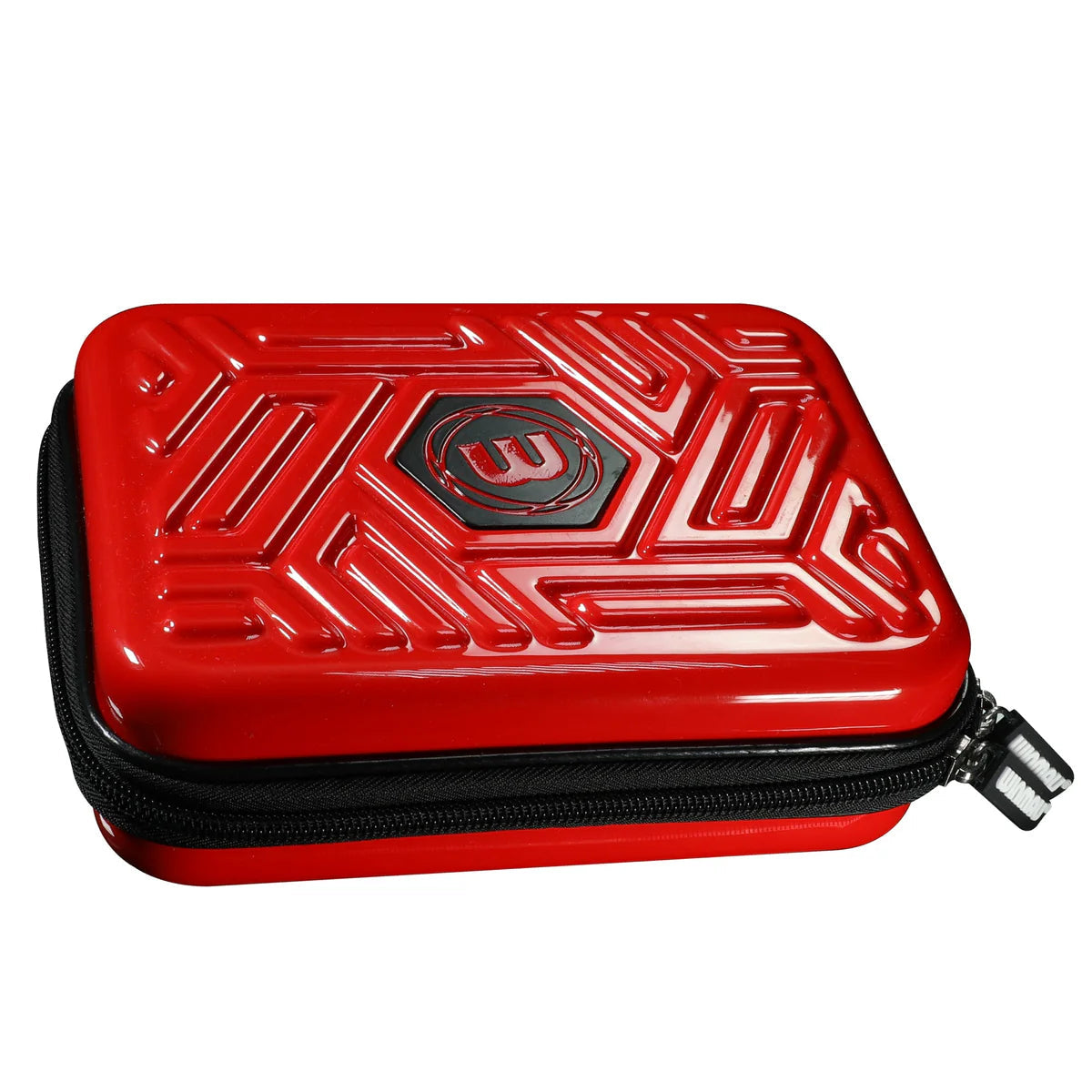 Red hard shell darts case with geometric texture, angled view, zipper closure, ideal for dart accessories storage
